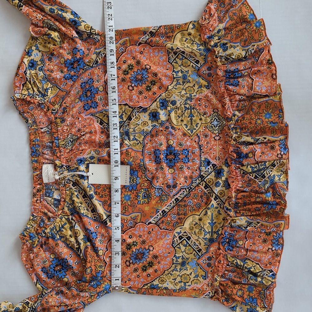 NWT Melloday Floral Ruffle Off the Shoulder Flowy Boho Top Small Blue Orange - Picture 15 of 16
